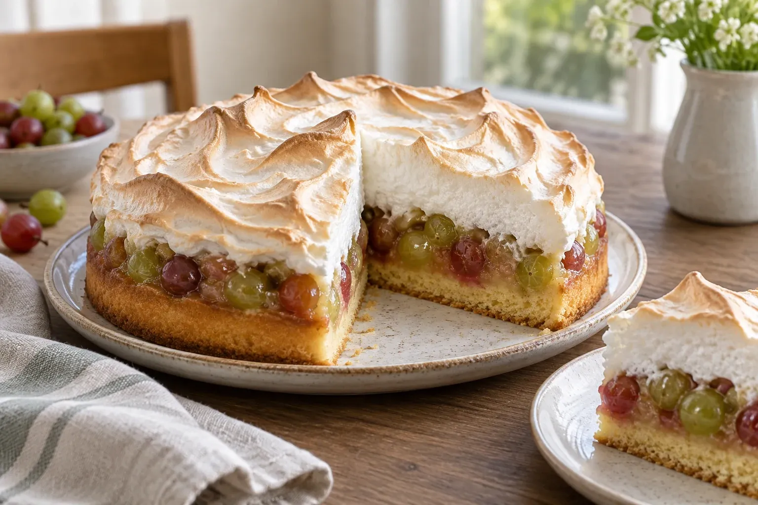 KI-Illustration: Stachelbeer-Baiser-Kuchen
